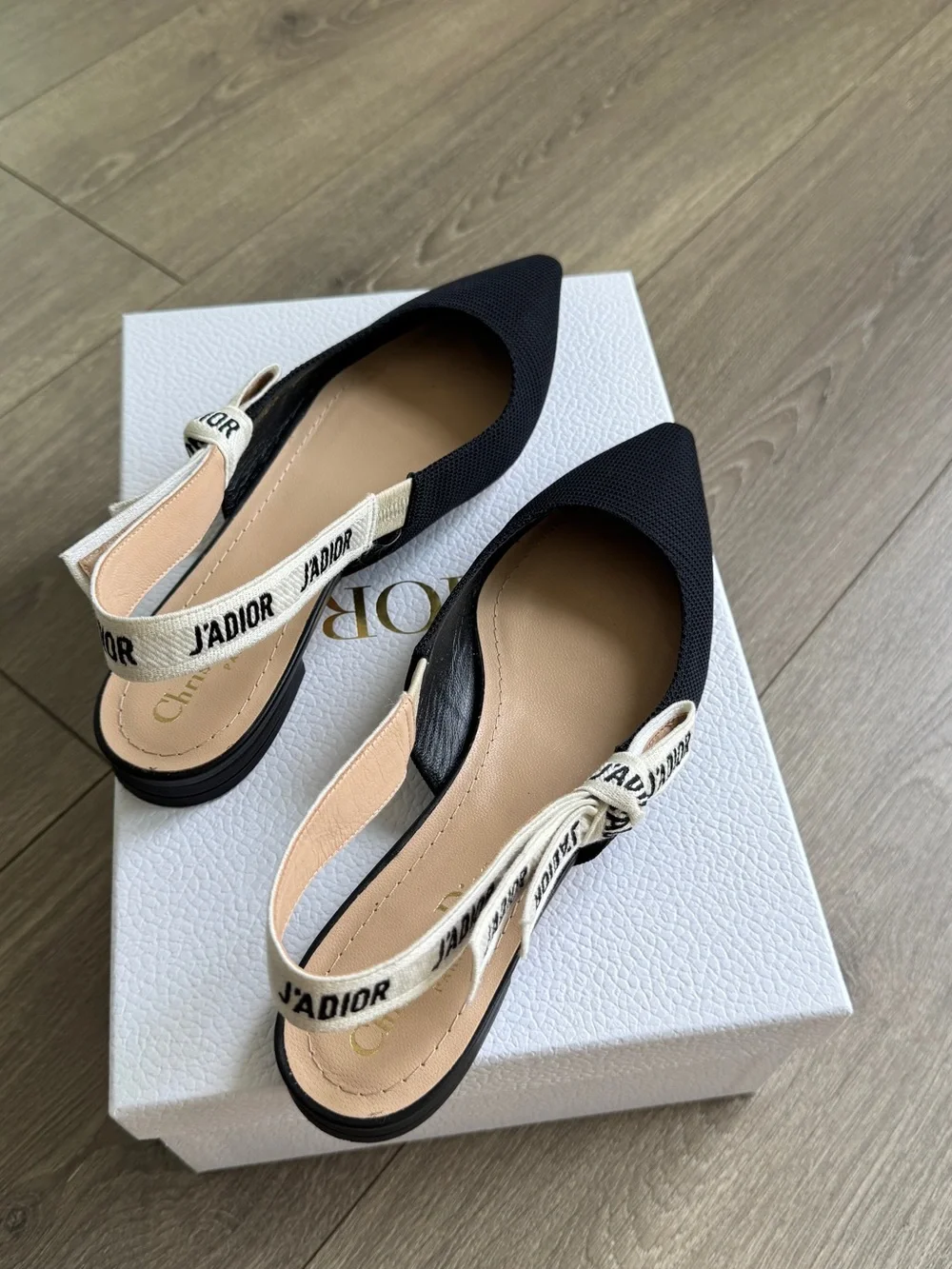 Dior Black Pointed Slingback Flats with Ivory Logo Strap. J'Adior Slingback Flat - Picture 3 of 7